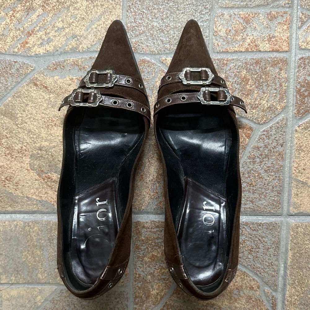 Dior Brown Suede Buckle Kitten Heel Pumps